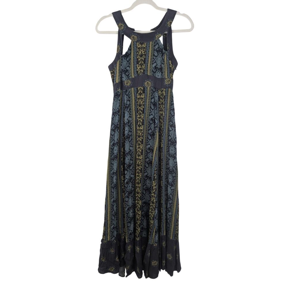 Free People You Made My Day Maxi Dress Boho Festival Hippie Size 0 Blue Lace Up